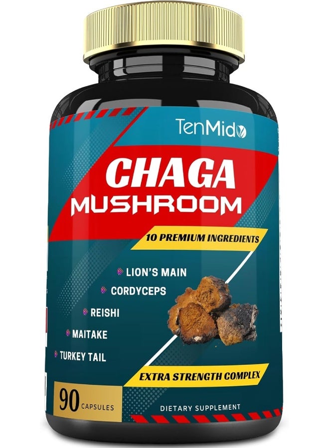Tenmido Chaga Mushroom Extract Capsules Equivalent To 5050Mg And Lions Mane, Cordyceps And More, Digestive Health, Anti-Aging, Immune Support, Energy Boost, Rich In Antioxidants And Nutrients, 3 Months Supply - Image 1